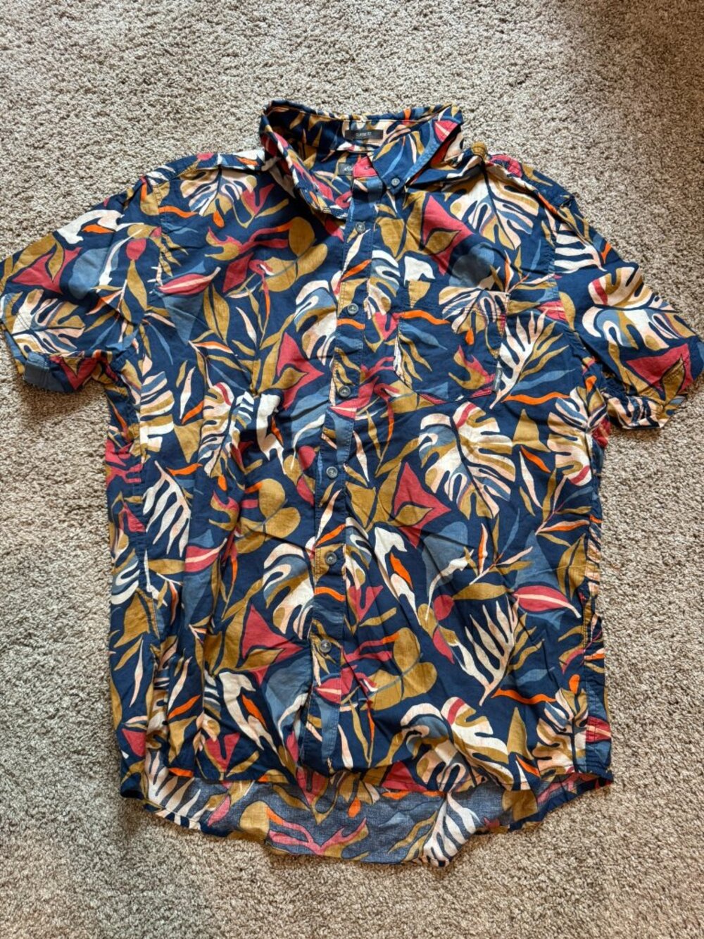 Eddie Bauer Men’s Baja Camp Shirt Tropical Floral Print Blue Tan Orange Size L